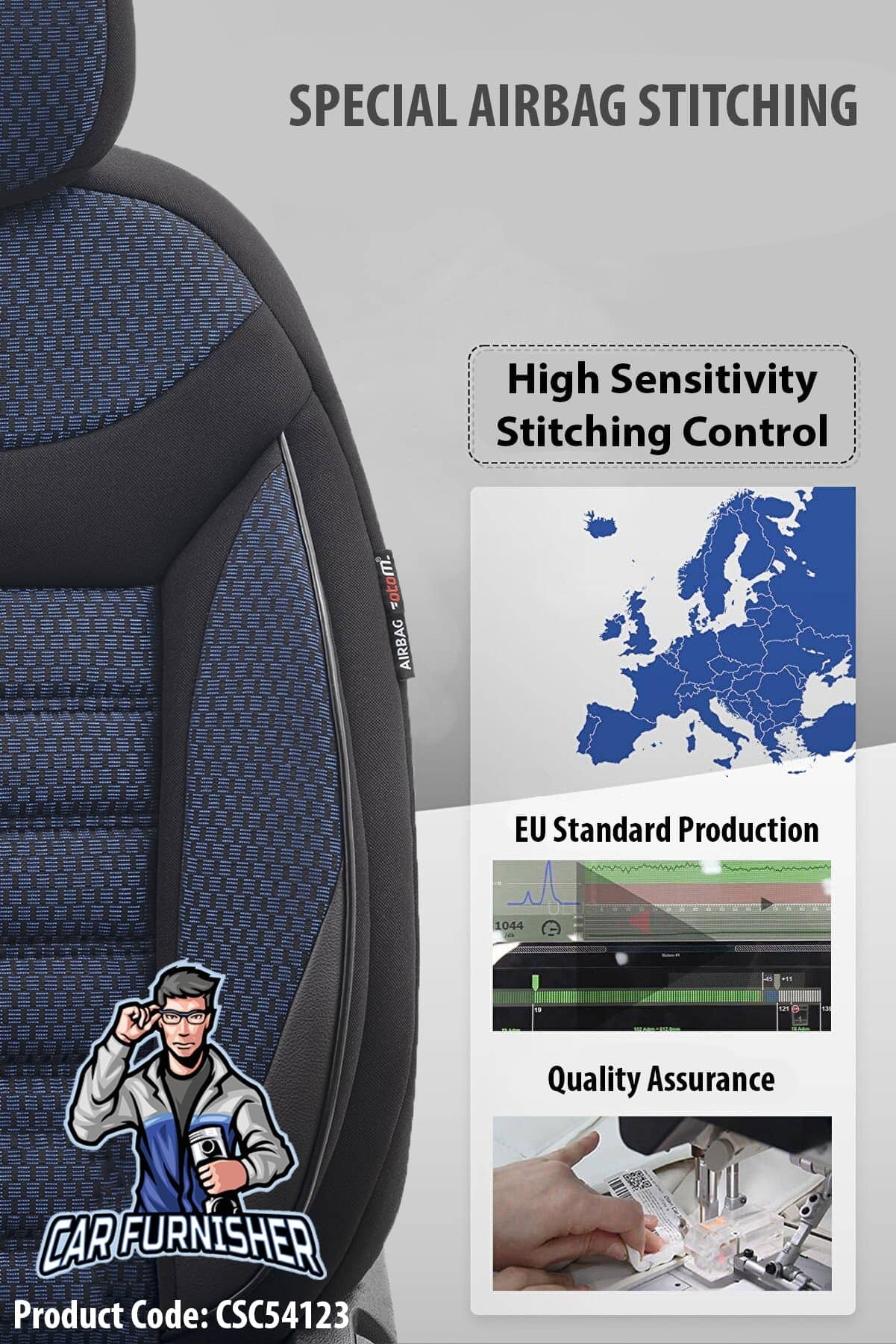 Car Seat Cover Set - Line Design Blue 5 Seats + Headrests (Full Set) Leather & Cotton Fabric