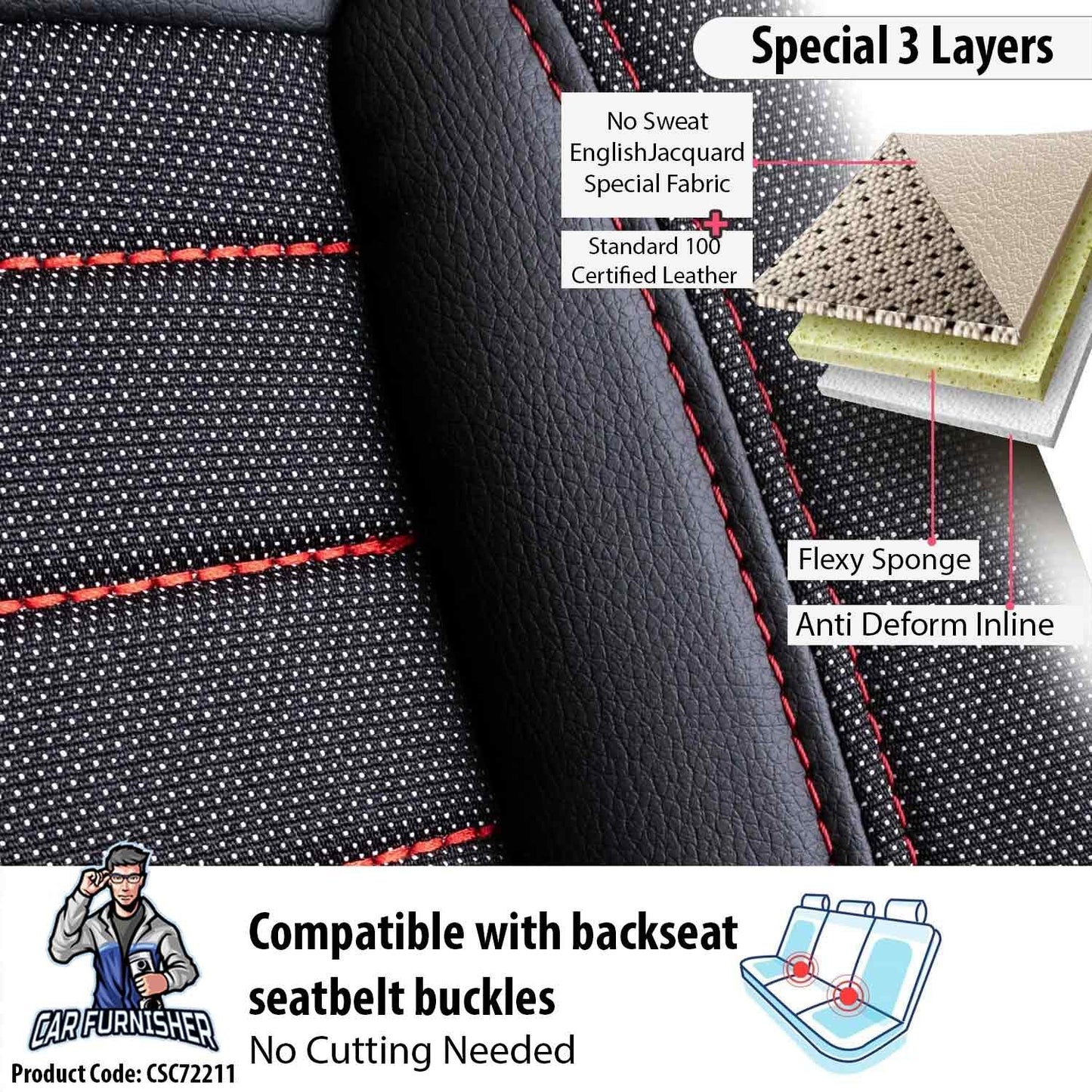 Car Seat Cover Set - London Design Dark Red 5 Seats + Headrests (Full Set) Leather & Jacquard Fabric