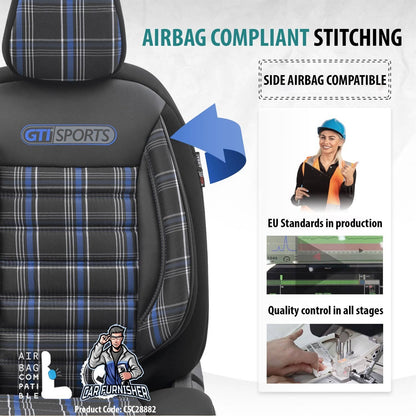 Car Seat Cover Set - Sports Design Blue 5 Seats + Headrests (Full Set) Leather & Jacquard Fabric
