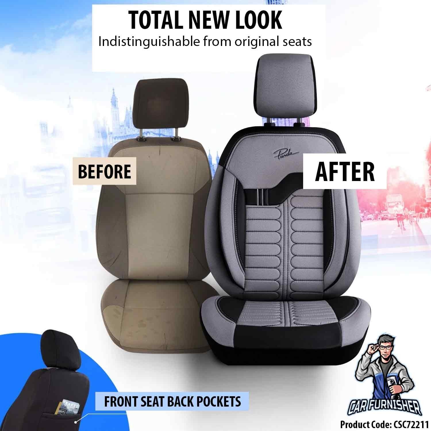 Car Seat Cover Set - London Design Silver 5 Seats + Headrests (Full Set) Leather & Jacquard Fabric
